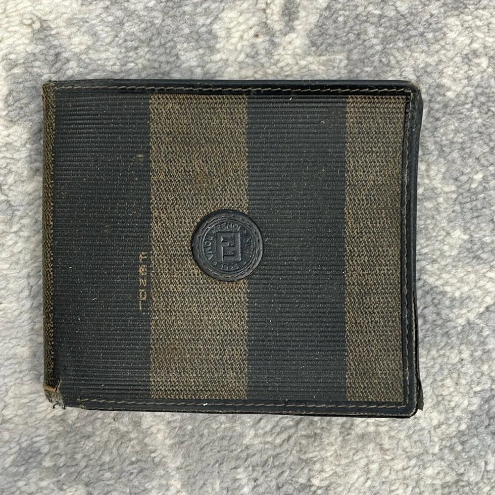 Fendi Tobacco Pequin Coated Canvas Bifold Wallet Stripe Compact